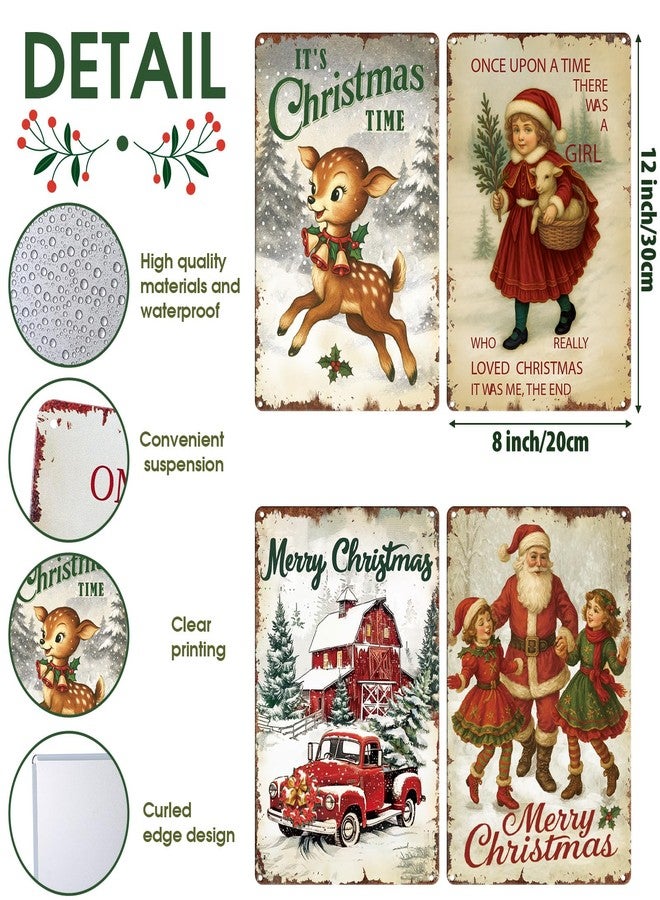 Otoolling 4 Pcs Vintage Christmas Wall Sign Metal Red Truck Little Girl Plaque Sign Decorations Santa Claus Elk Wall Art for Home Coffee Shop Retro Christmas Decor, 8 x 12 Inch - Image 2